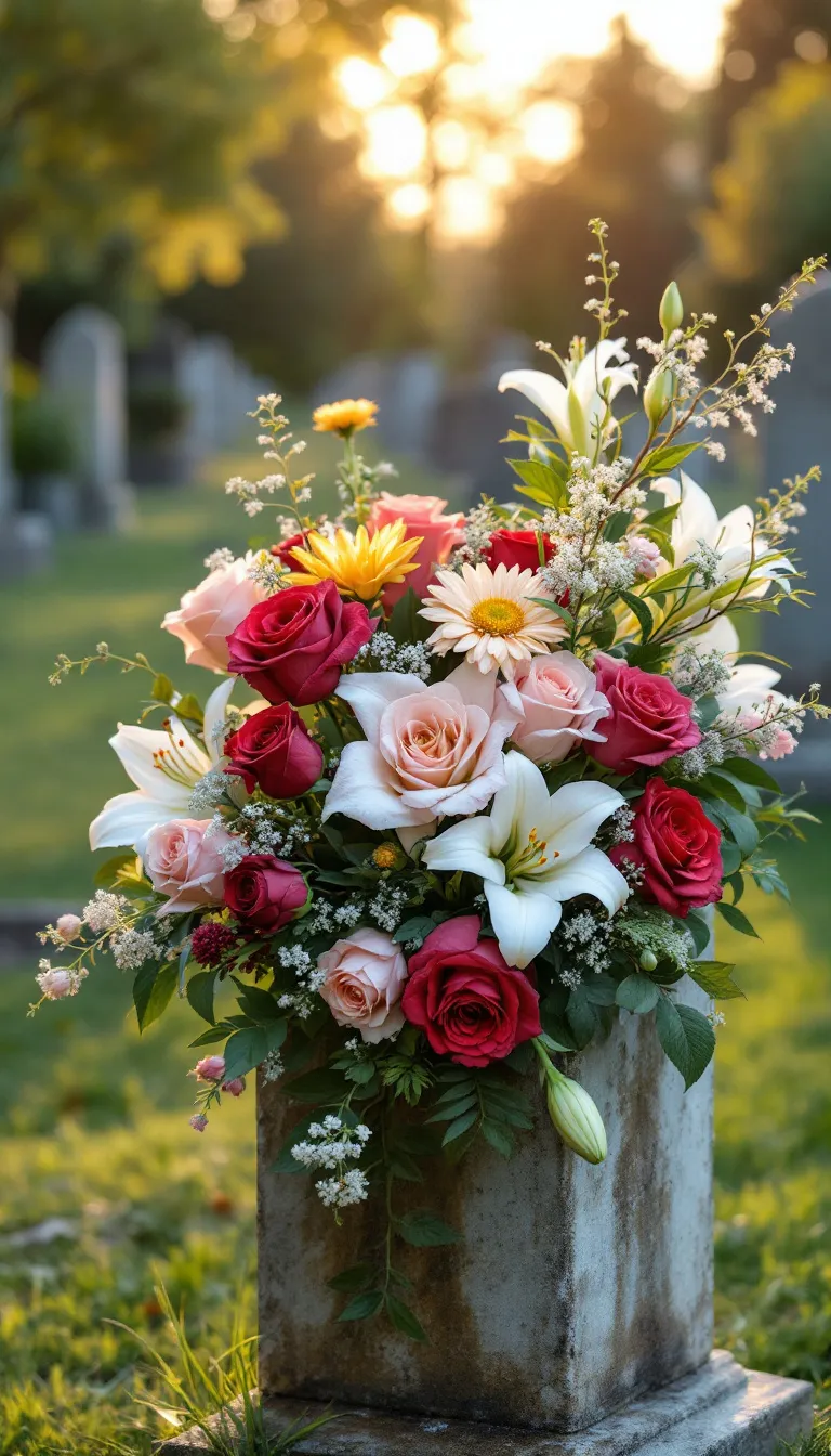 Een uitgebreider bloemstuk met een variëteit aan bloemen zoals rozen, lelies of chrysanten.