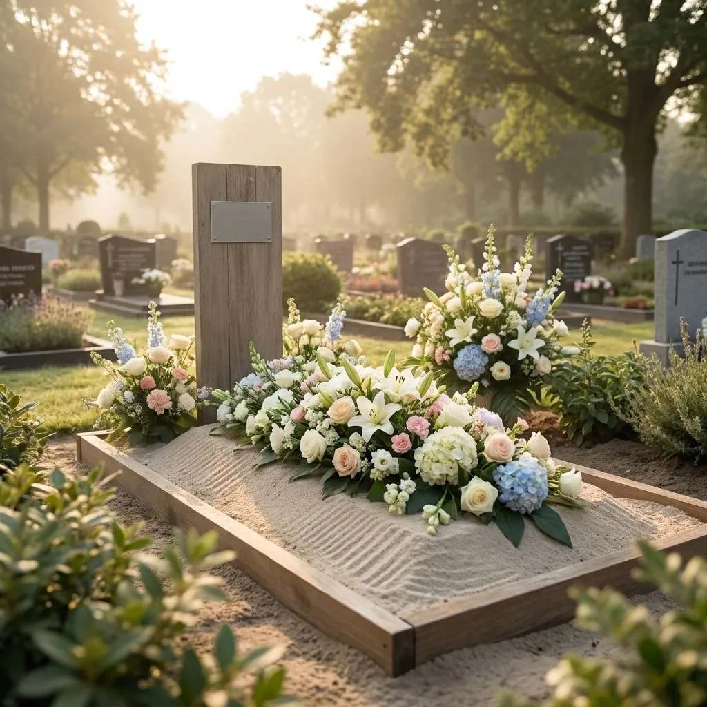 Een verzorgd graf met bloemen in de periode voordat het monument geplaatst wordt.